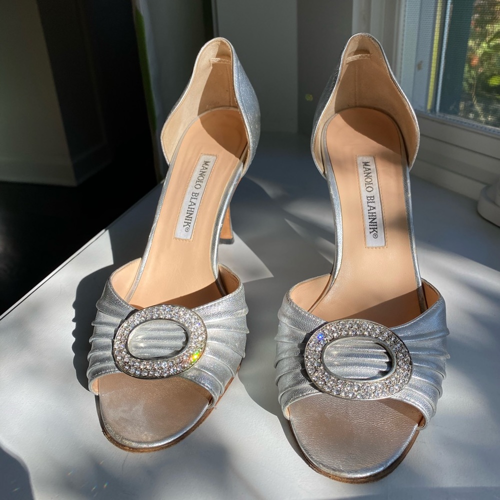 Authentic Manolo Blahnik Sedaraby silver heels